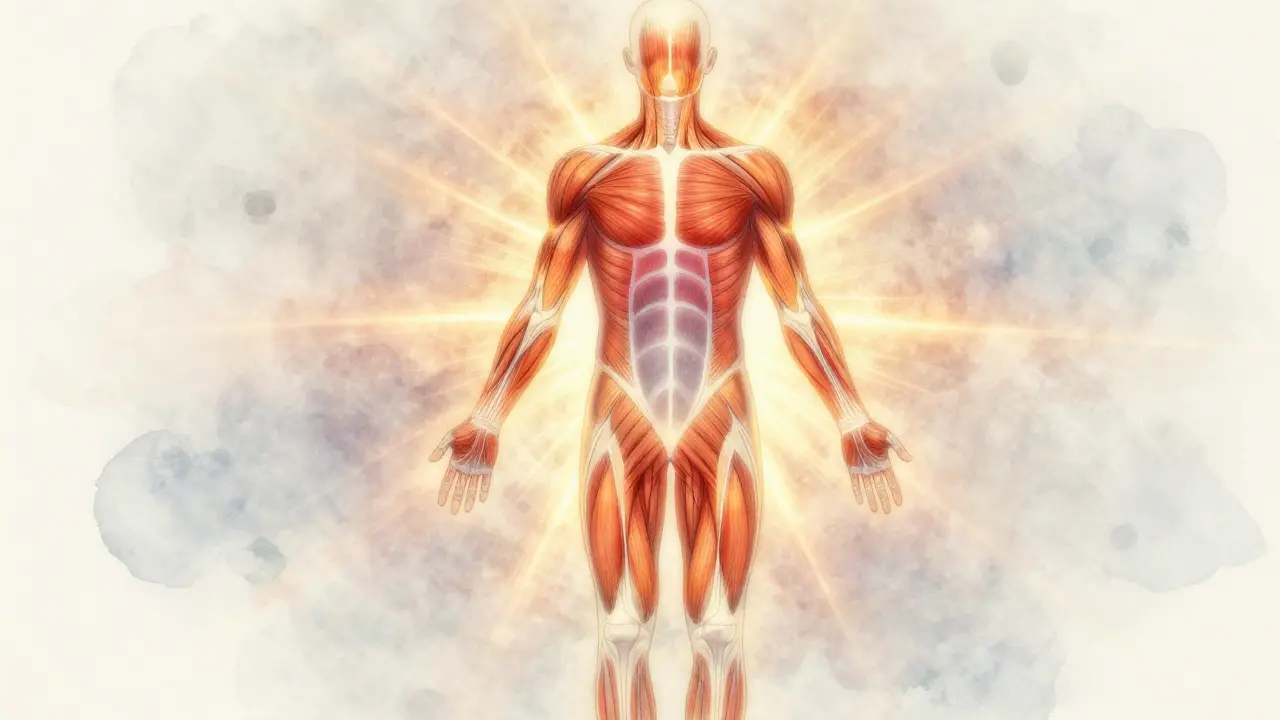 Human body with glowing energy lines and flowing circulation patterns, symbolizing healing and relaxation.