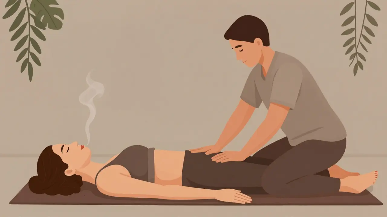 Hybrid massage session combining Thai acupressure, scalp massage, and foot reflexology in a calm, plant-filled studio.