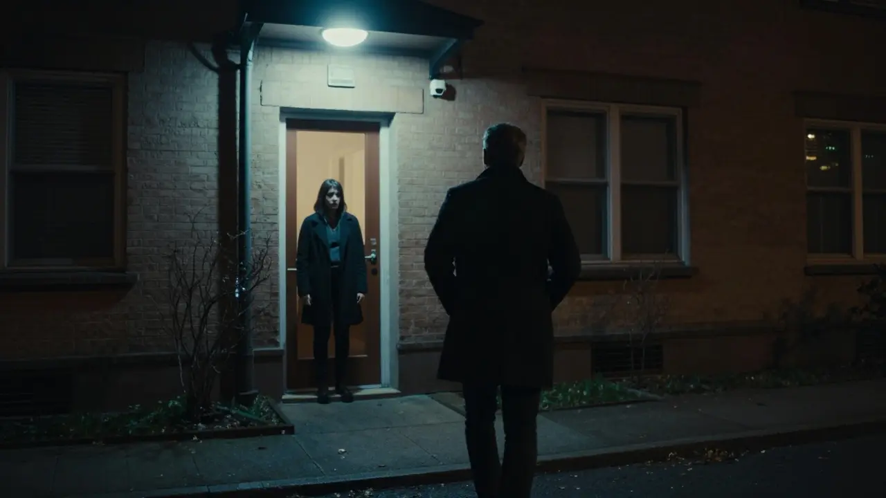 Man walking away from a dark residential building at night, choosing safety over uncertainty.