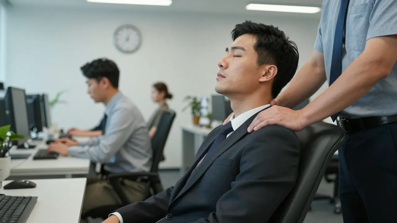 Office employee receiving a chair massage during lunch break, fully clothed and relaxed.