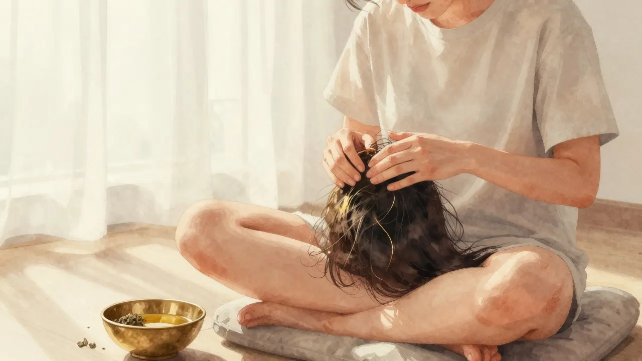 Person self-massaging their scalp with warm oil in a peaceful, sunlit home setting.
