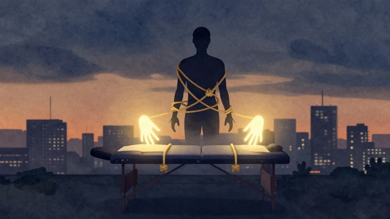 Silhouette of a stressed body being untangled by glowing hands above a city skyline.