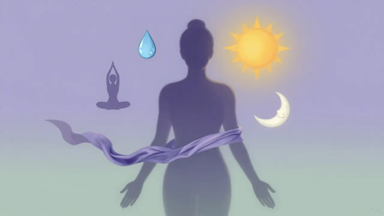 Silhouette surrounded by symbols of recovery: water, sun, moon, and fabric, in calming colors.