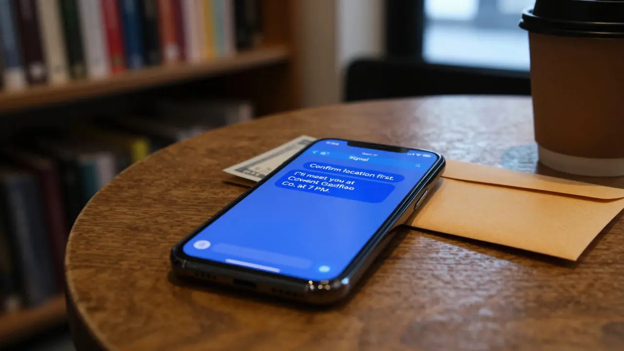 Smartphone screen showing encrypted message about meeting at a Covent Garden café, with cash and coffee nearby.