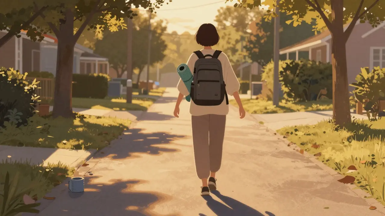 Someone walking gently in the evening, wearing loose clothes, carrying a foam roller.