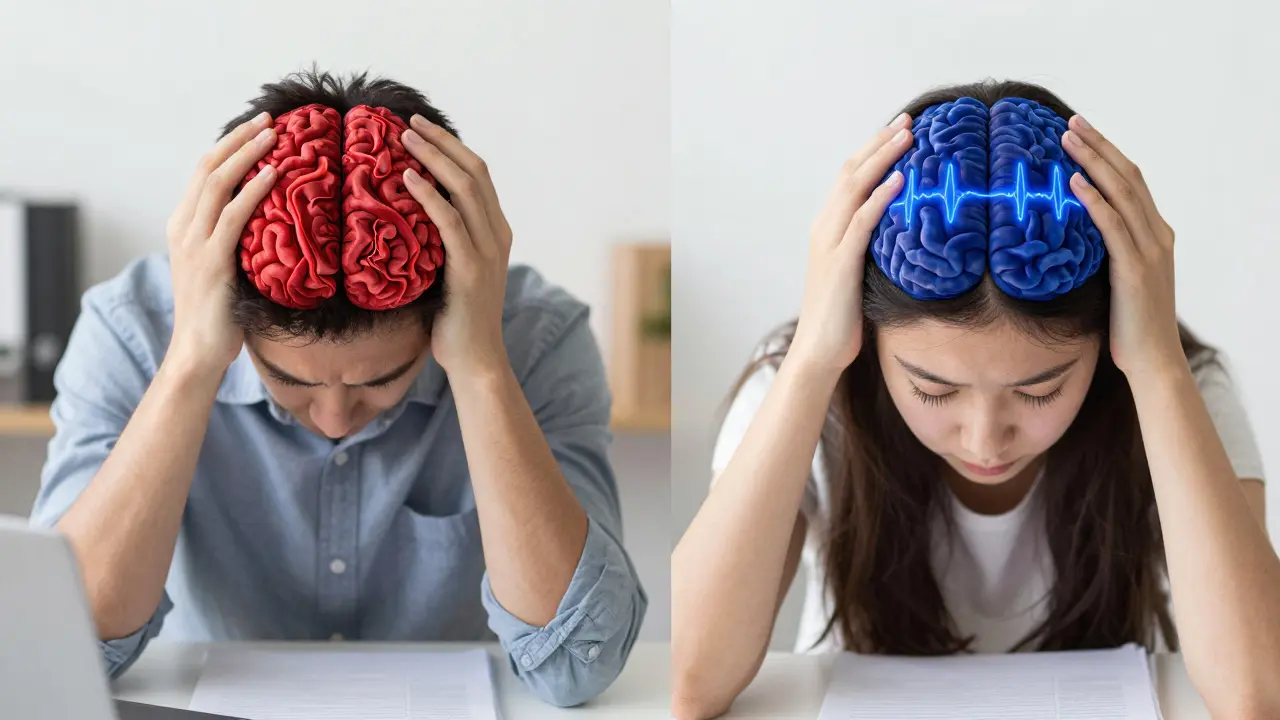 Split image showing two people massaging their scalps, one stressed, one calm, with brainwave contrast.