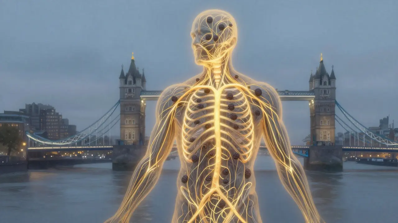 Surreal visualization of tension releasing from the body as golden light, symbolizing nervous system reset through massage.