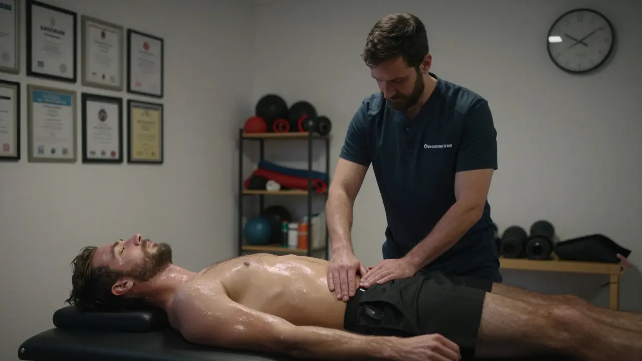 Therapist performing myofascial release on a cyclist’s IT band in a professional London sports therapy room.