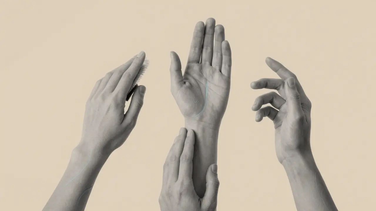 Three hands performing gentle lymphatic drainage strokes on face, arm, and neck, with subtle blue flow trails.