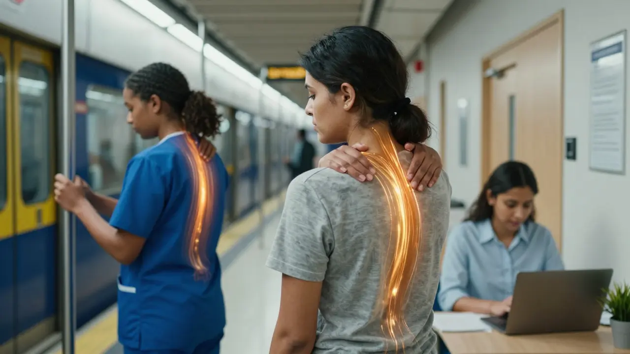 Three London professionals overlaid with soothing oil trails symbolizing healing from stress, set against urban backdrops.