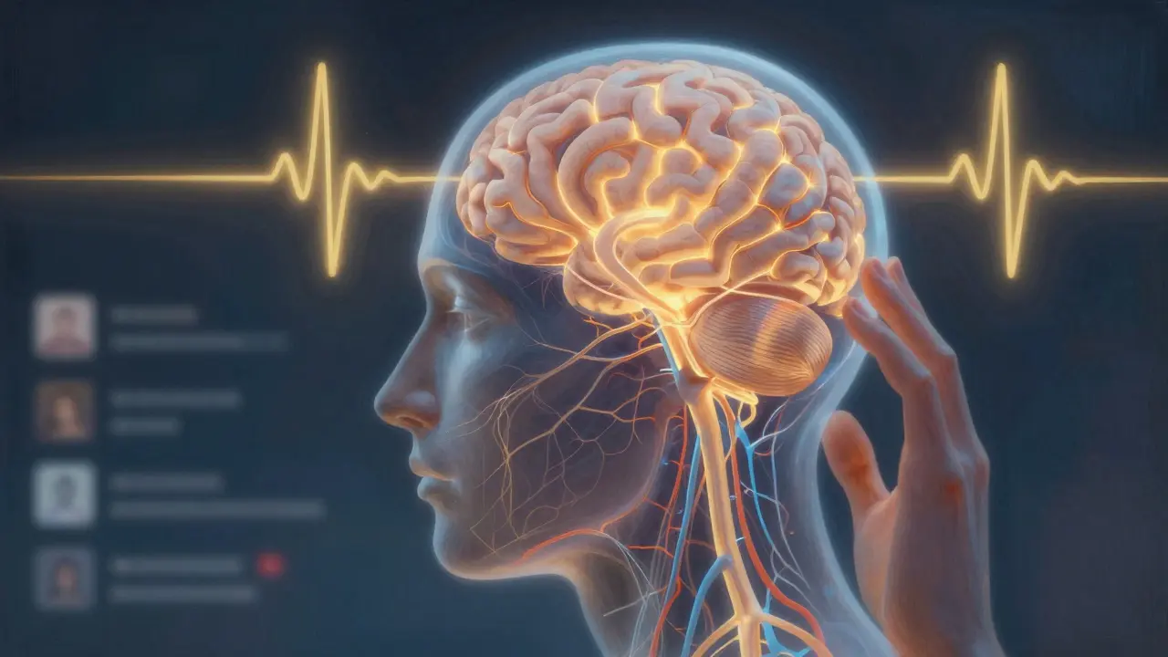 Translucent human head with glowing neural pathways and calming alpha waves radiating from scalp.