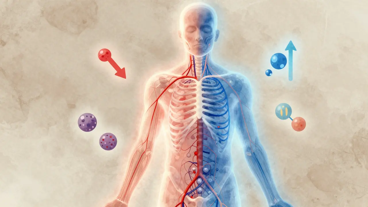 Transparent human figure showing stressed and calm nervous systems side by side.