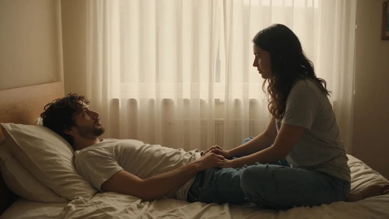 Two couples sharing a quiet, emotionally connected moment in a softly lit bedroom.