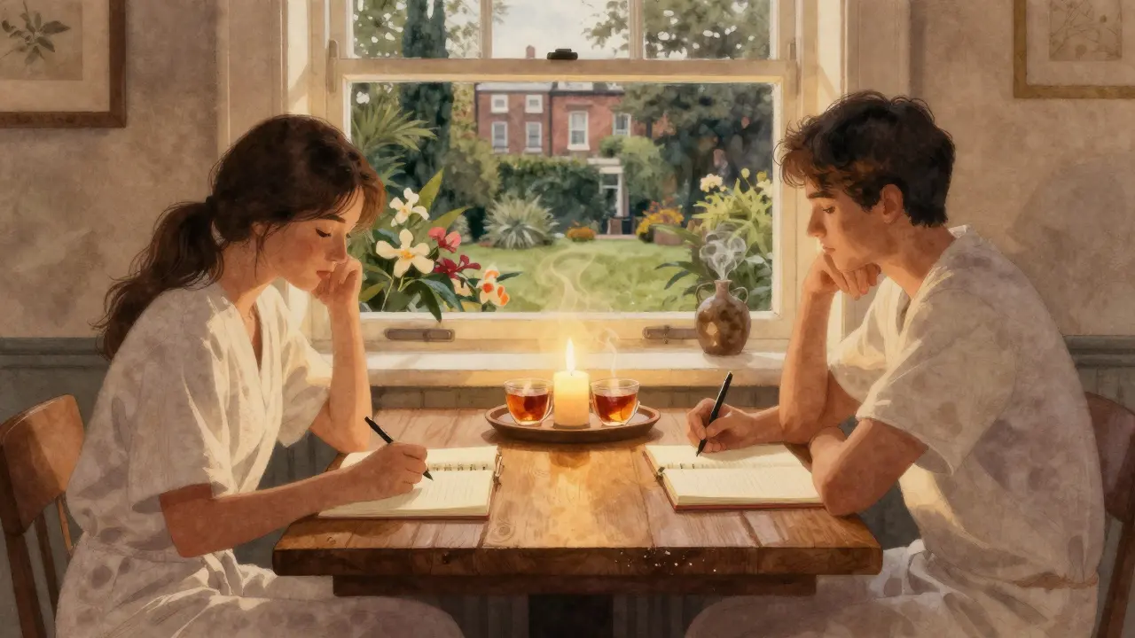 Two people sit in silence, journaling together in a candlelit spa room with tea steaming nearby.