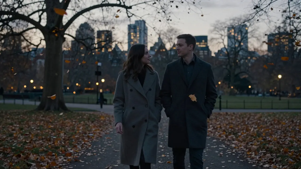 Two people walking through Hyde Park at dusk, leaves falling around them as they talk and walk in quiet companionship.