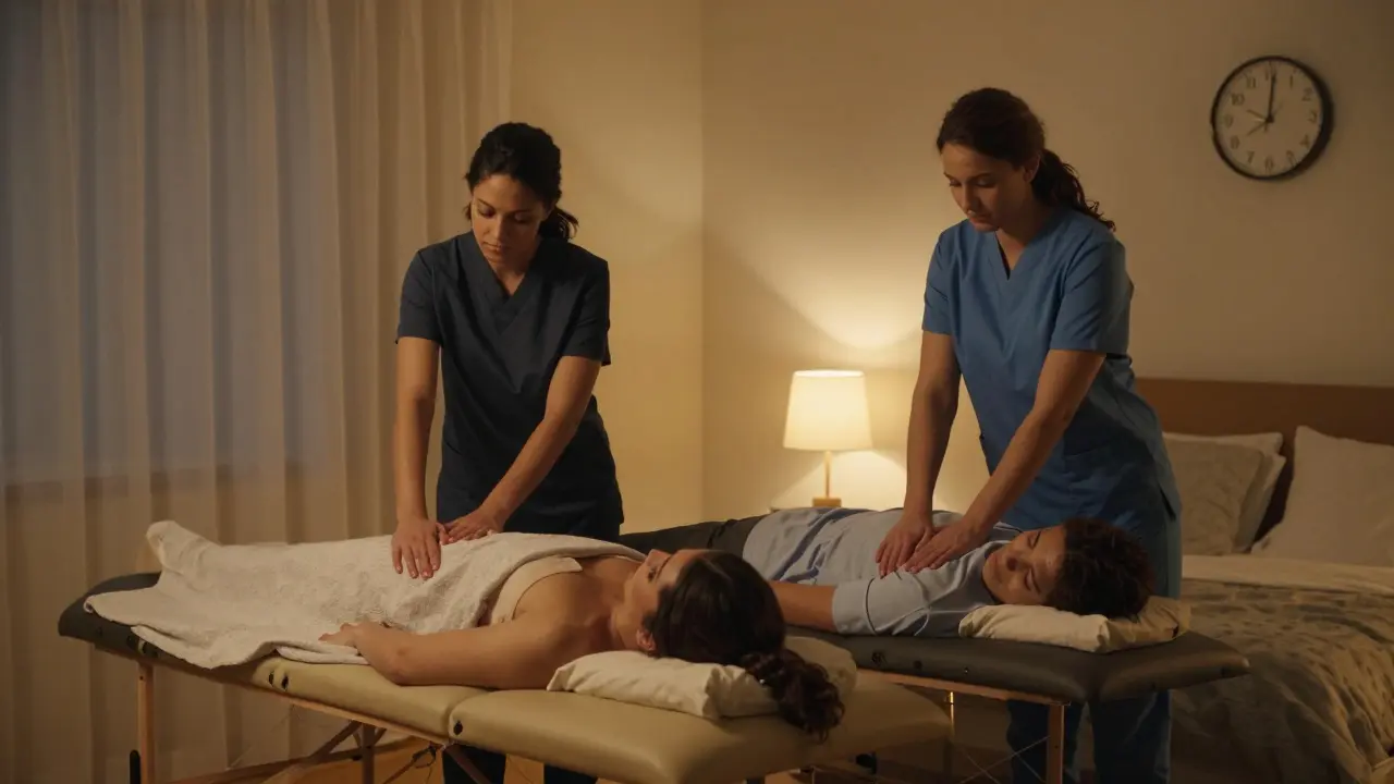 Two therapists give simultaneous massages to a couple in their bedroom at night, warm lighting.