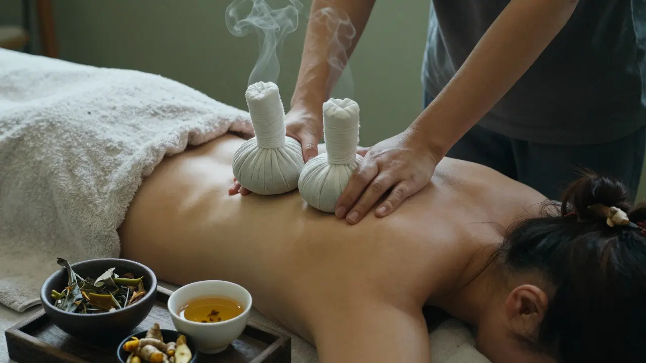 Warm herbal compresses being applied to shoulders during a massage, with steam rising beside dried herbs and a cup of tea.
