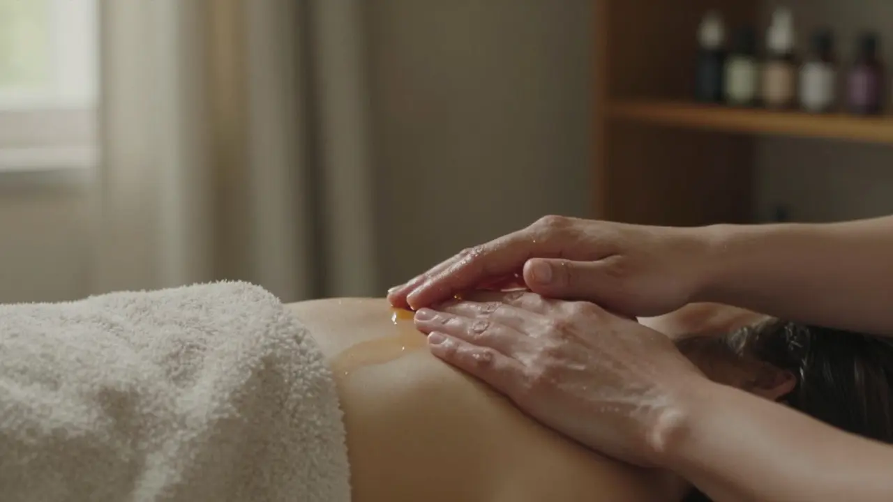 Woman's relaxed shoulders being massaged with oil, eyes closed, showing deep calm and relief.