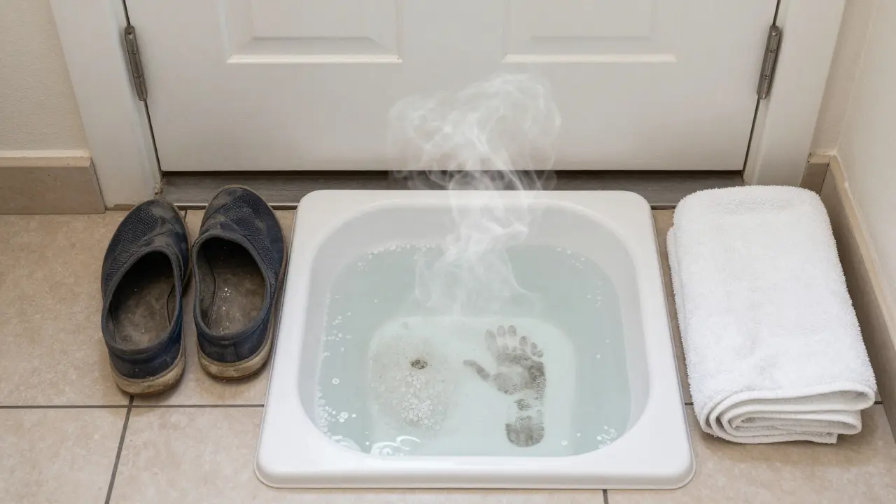 Worn shoes next to a steaming footbath with salt and a folded towel.