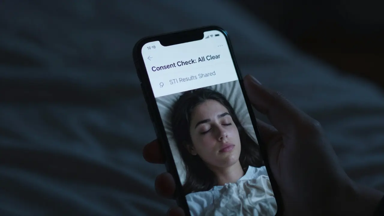 A glowing smartphone screen in a dark room displaying private consent and health verification messages.