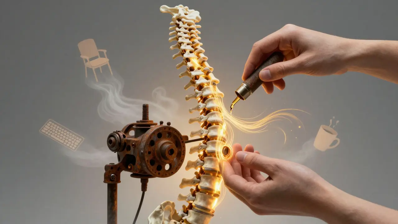 A human spine depicted as a rusted machine being oiled with golden light, representing restoration from sitting-related strain.