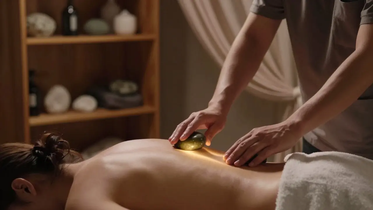 A massage therapist gliding a heated stone over a client's back in a tranquil spa room.