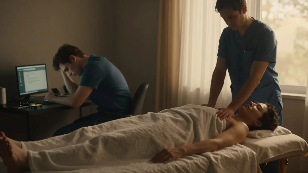 A person transitioning from work stress to deep relaxation during a home massage session.