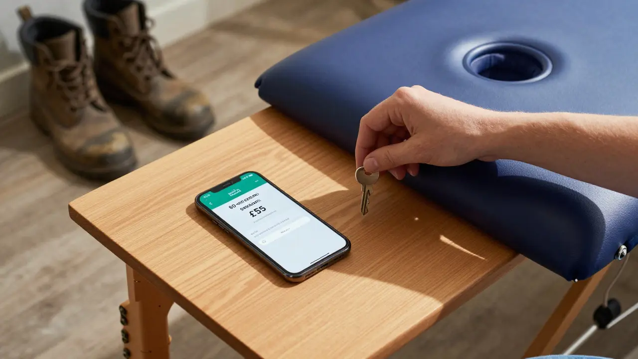 A portable massage table with a booking confirmation and everyday items like work boots, symbolizing accessible, personalized healing.