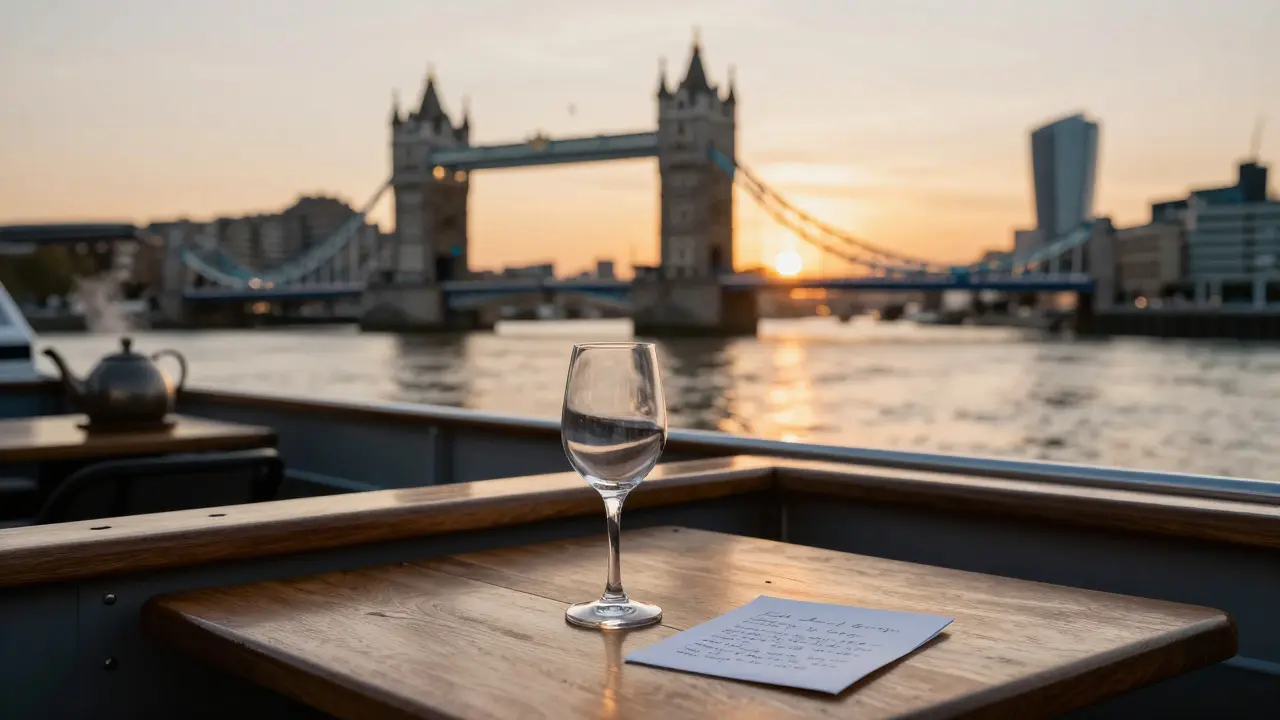 A private Thames boat at sunset with an empty wine glass and folded note, city skyline in distance.