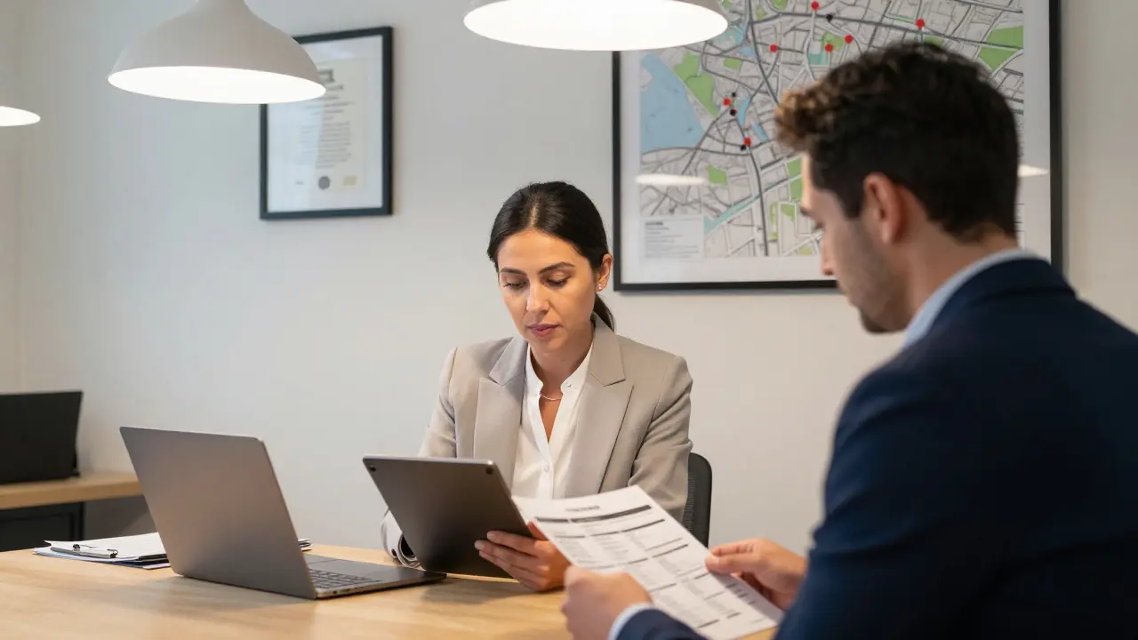 A professional agency office in London, showing a calm, discreet meeting between a companion and client reviewing an itinerary.
