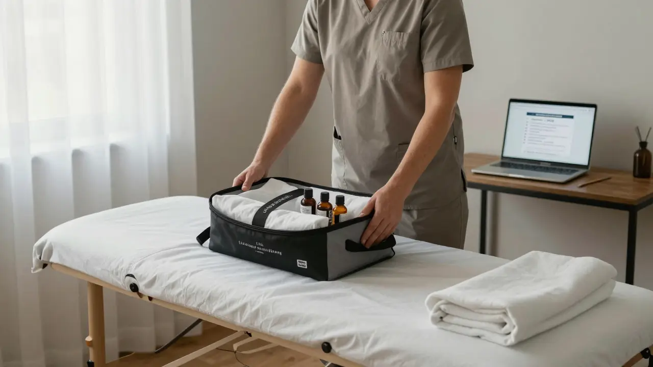 A professional therapist setting up a portable massage table in a London home, clean kit and linens visible, natural light, no faces shown.