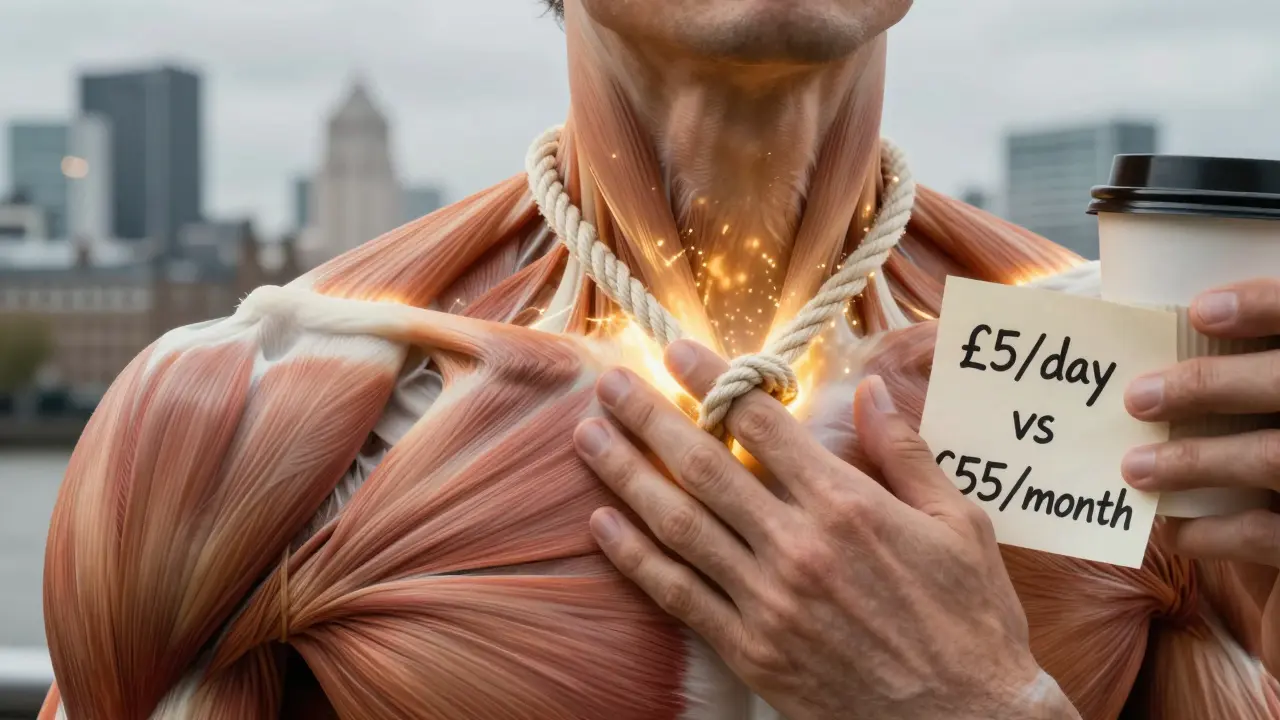 A shoulder releasing tension with golden light, symbolizing stress relief, faint London skyline behind, conceptual art style.