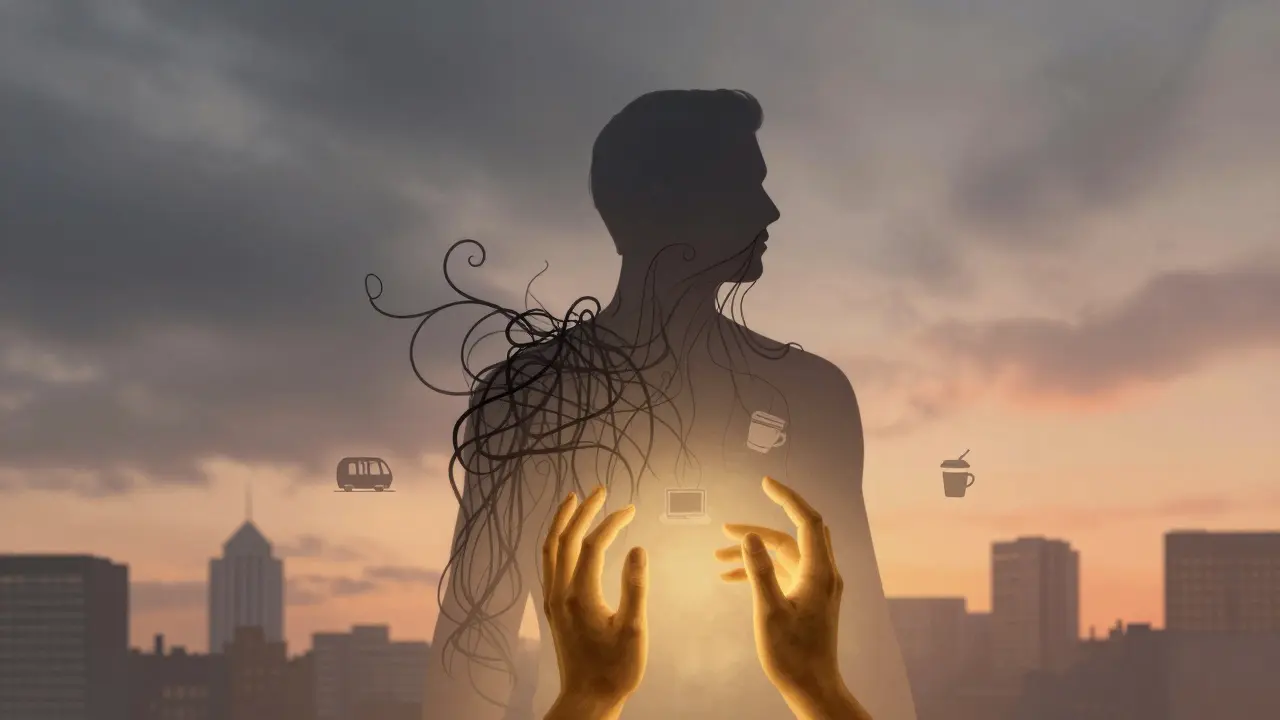 An abstract human form with tension threads being released by warm golden hands, symbolizing emotional and physical release.