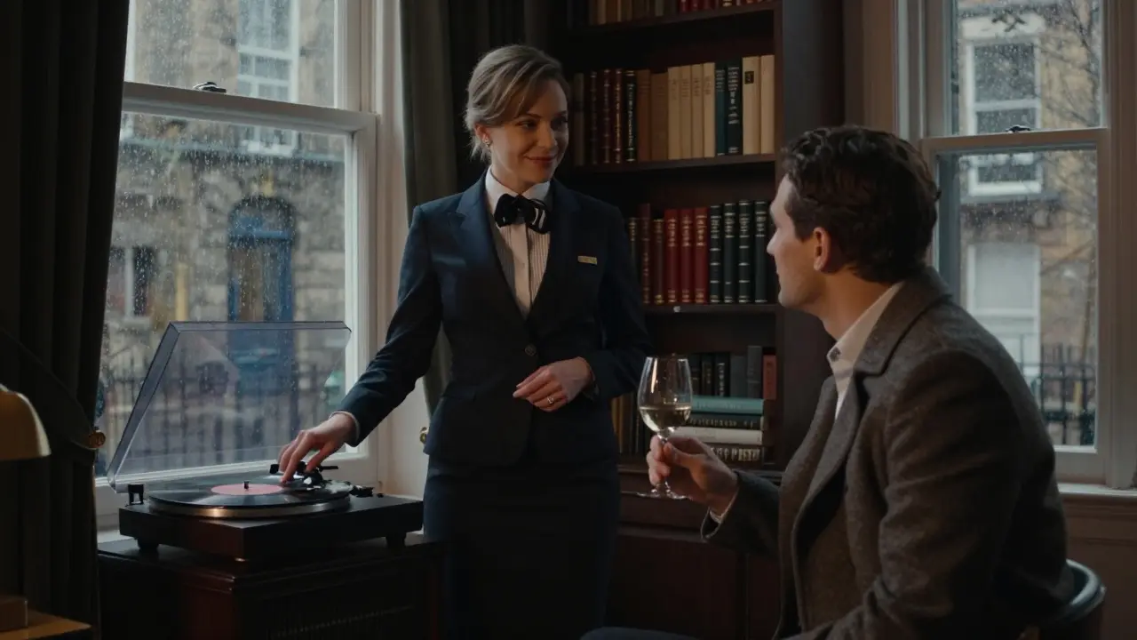 An elegant London apartment where a Russian companion and client enjoy classical music and wine, emphasizing emotional connection.