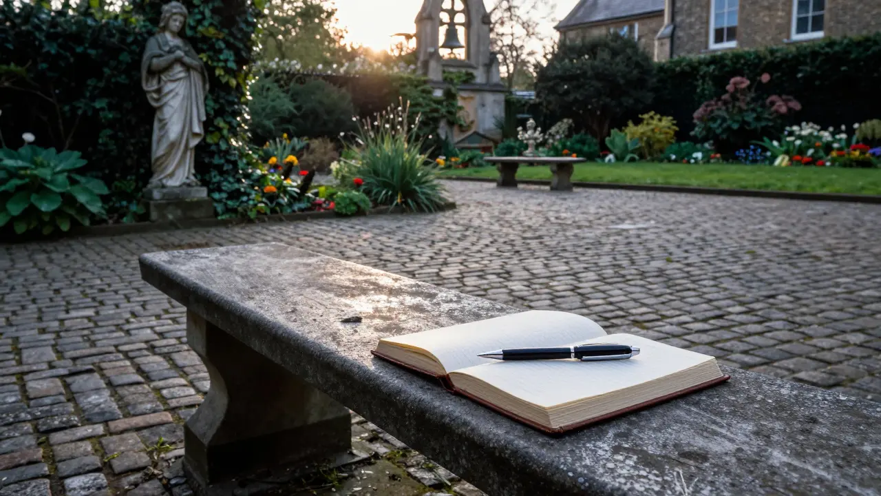 An empty garden bench at dawn with an open journal and pen, dew-covered stones and ivy-covered statues.