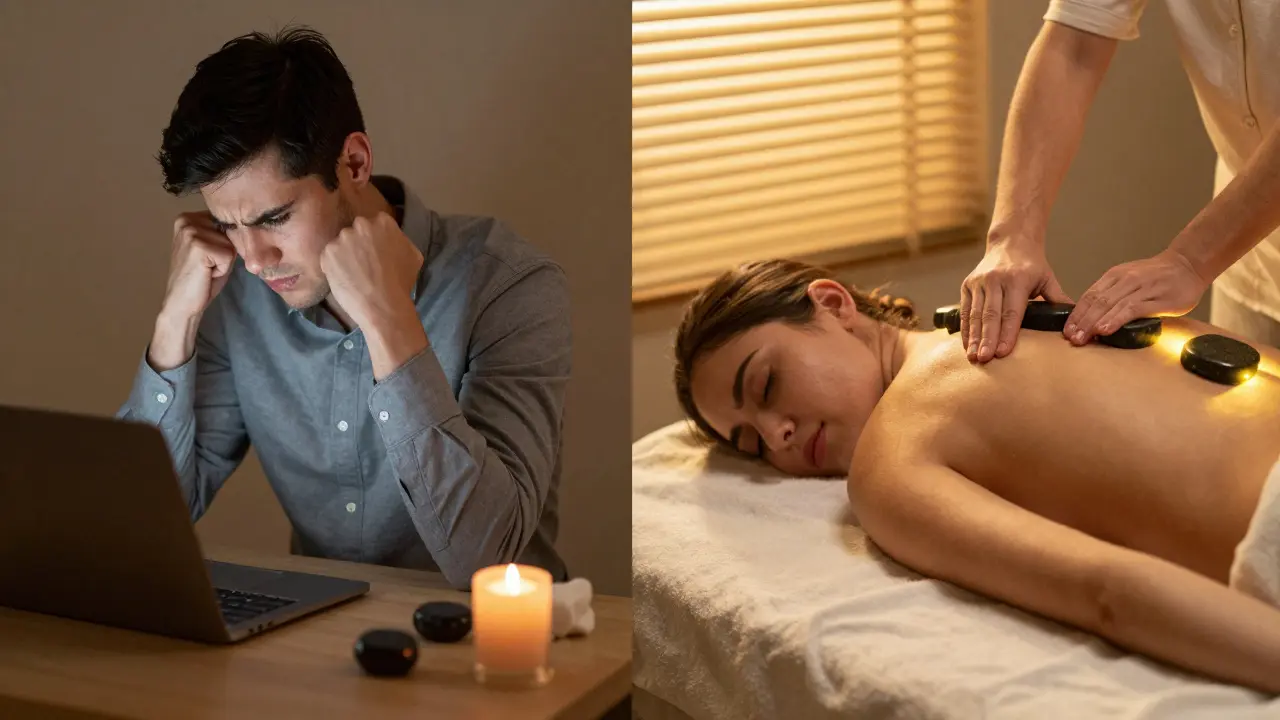 Before and after contrast: a stressed office worker transformed into a relaxed client after hot stone therapy.