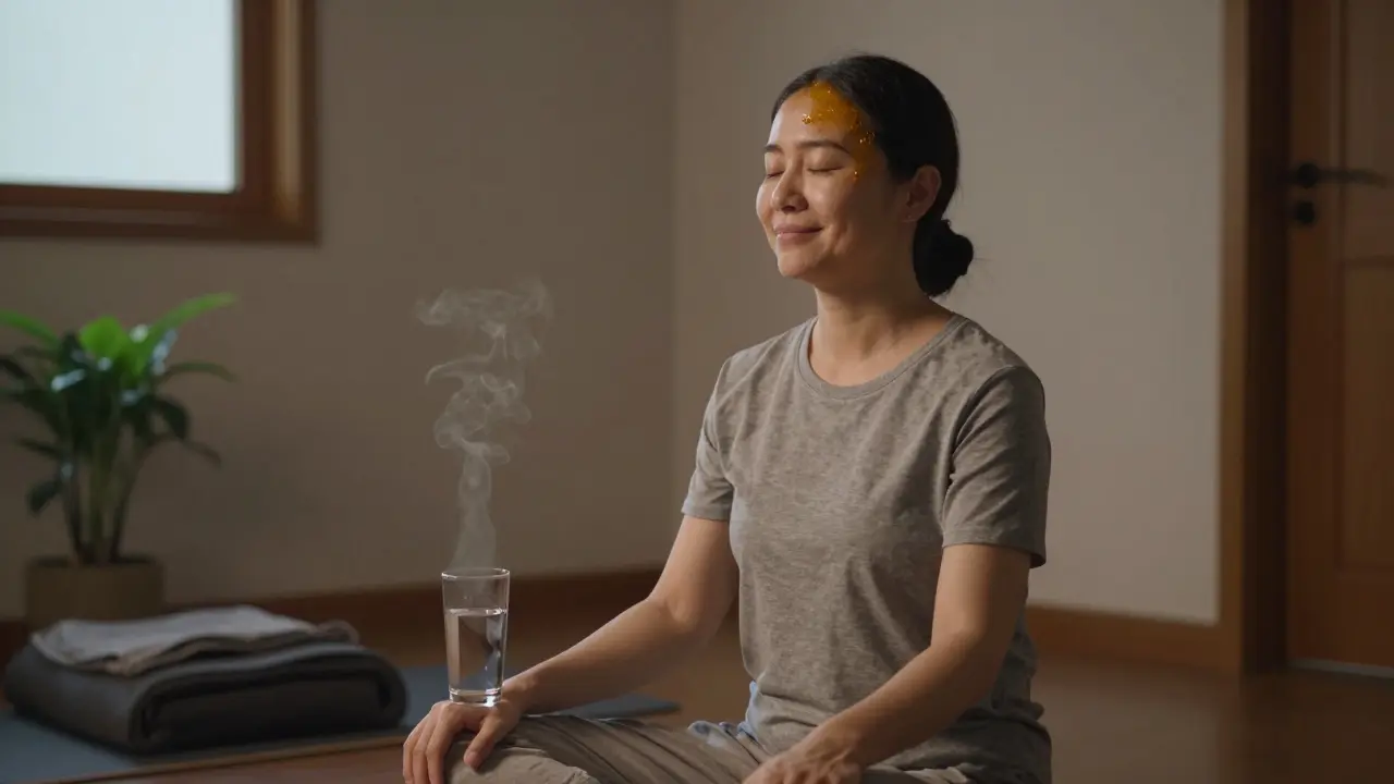 Client sitting quietly after massage, eyes closed, smiling faintly, with a glass of water nearby.