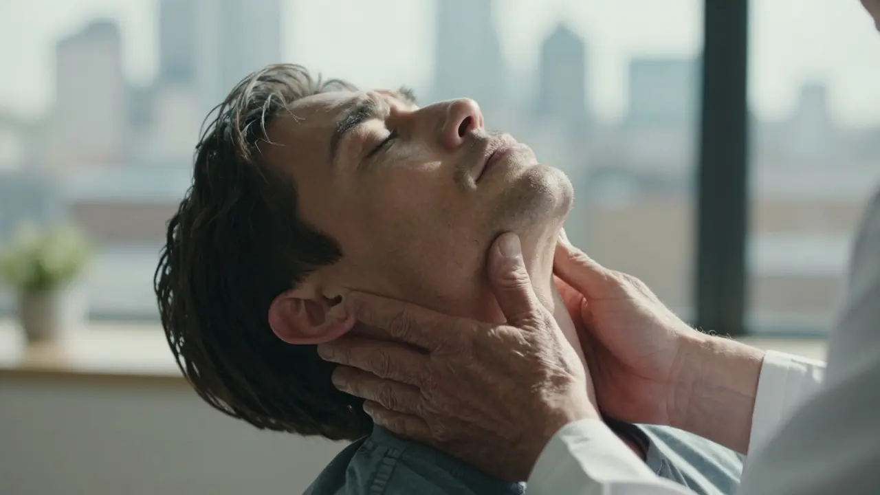 Close-up of a therapist's skilled hands holding a client's neck as they relax in relief during a massage.