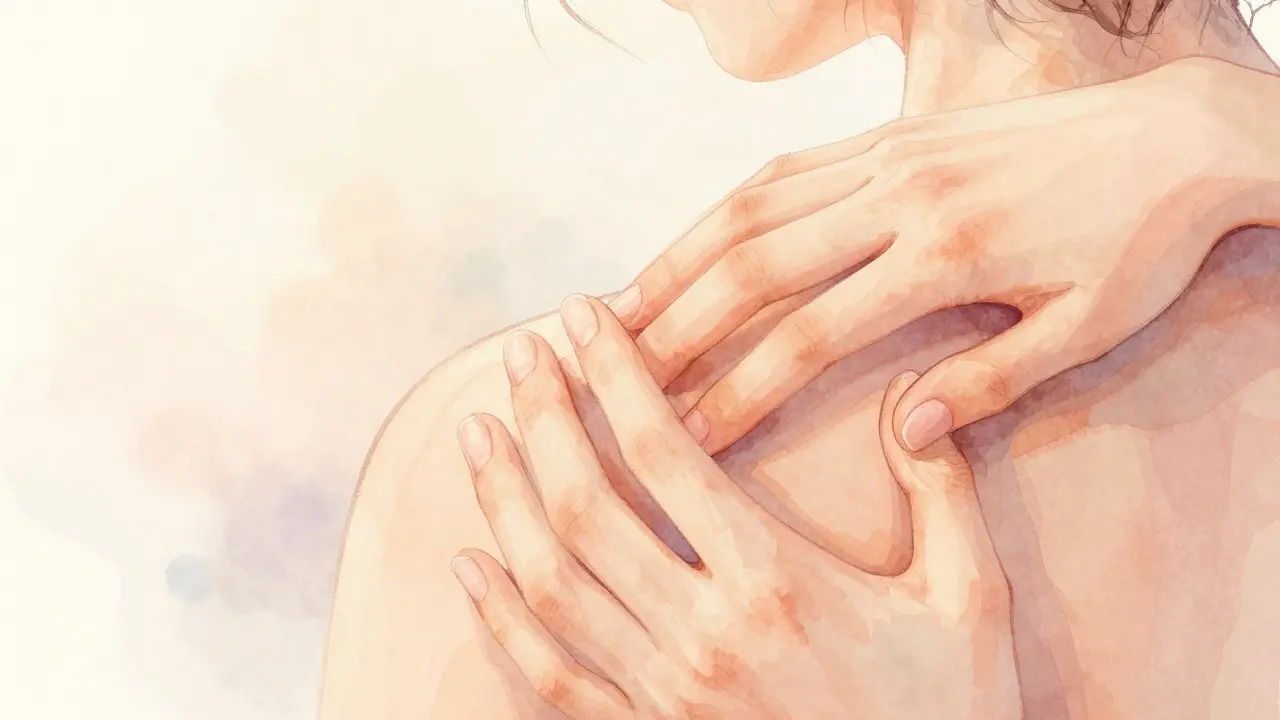 Close-up of hands gently tracing a partner's shoulder during intimate foreplay.
