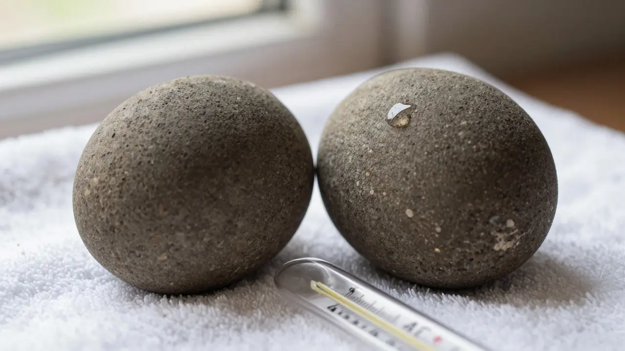 Close-up of smooth basalt stones on a towel beside a thermometer showing precise temperature.