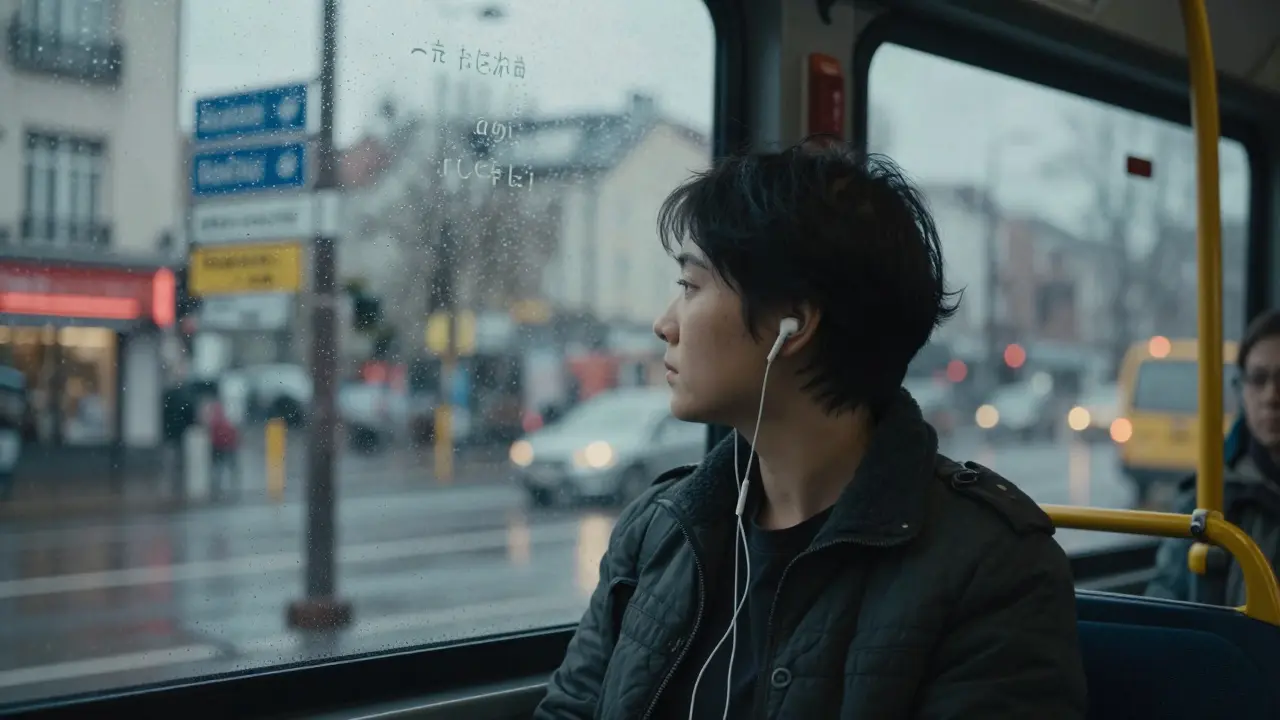 Commuter on a rainy bus, listening to Japanese podcast as abstract language patterns float around them.