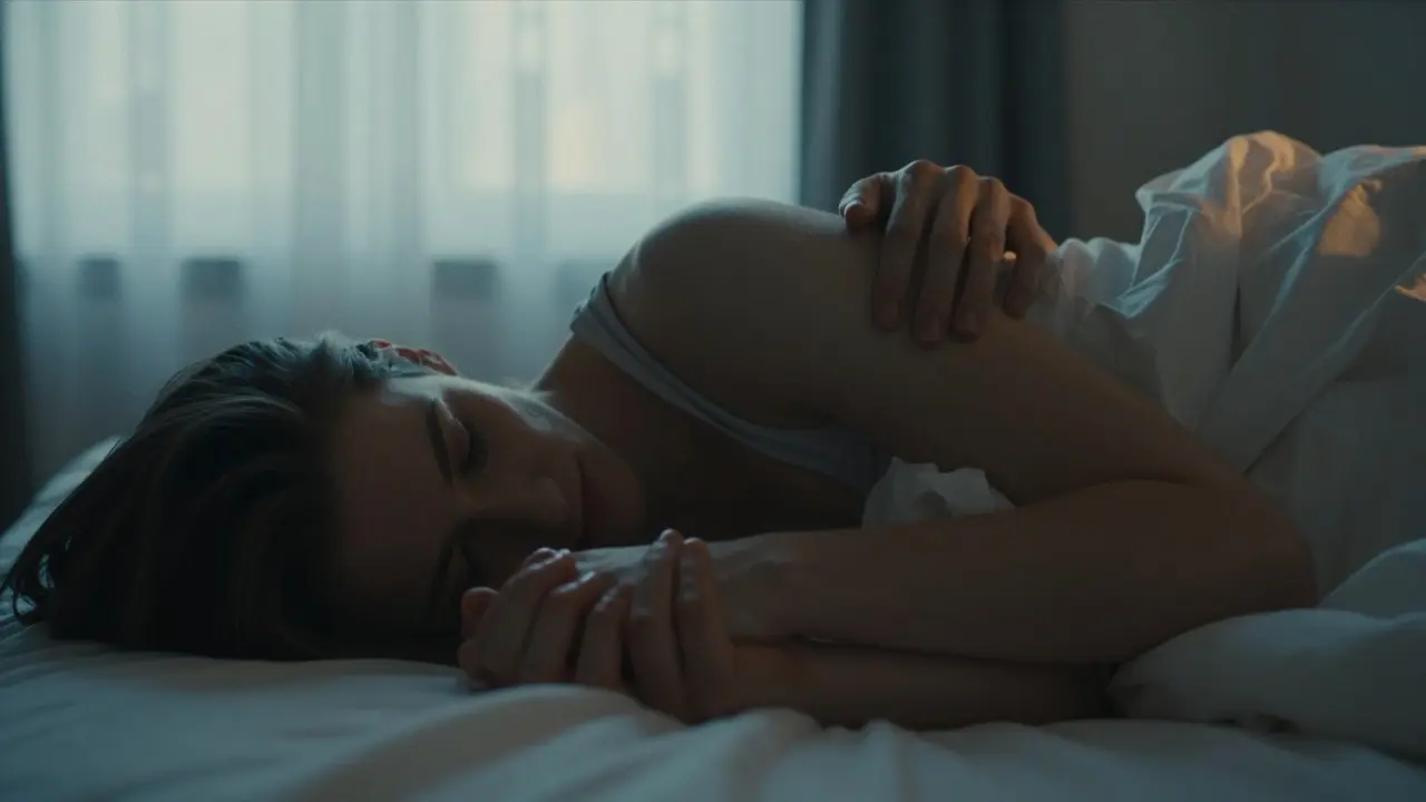 Cuddling couple holding hands in soft natural light, peaceful bedroom atmosphere.