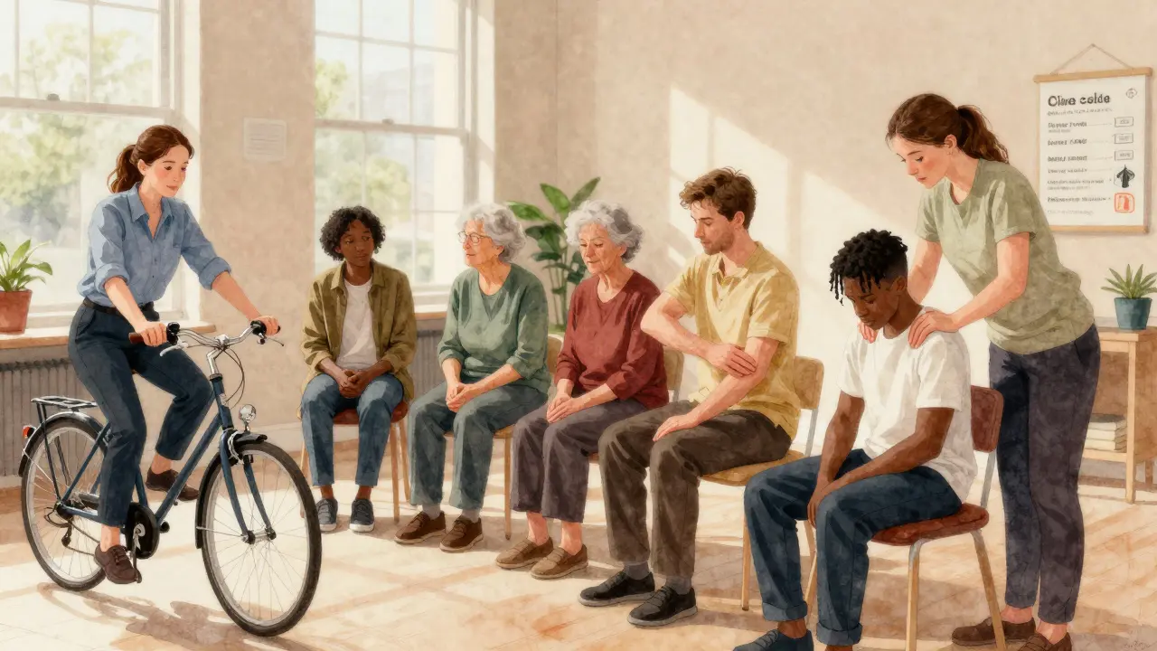 Diverse Londoners receiving different types of massage in a community clinic, therapists using hands and stretches, warm natural light.