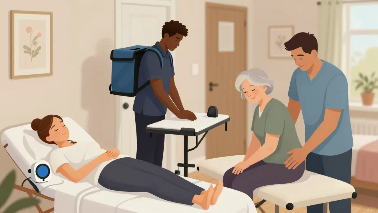 Diverse UK individuals receiving mobile massage at home: a new mom, delivery driver, and retired teacher in their personal spaces.