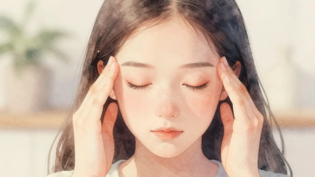 Fingertips circling temples with closed eyes during relaxation.