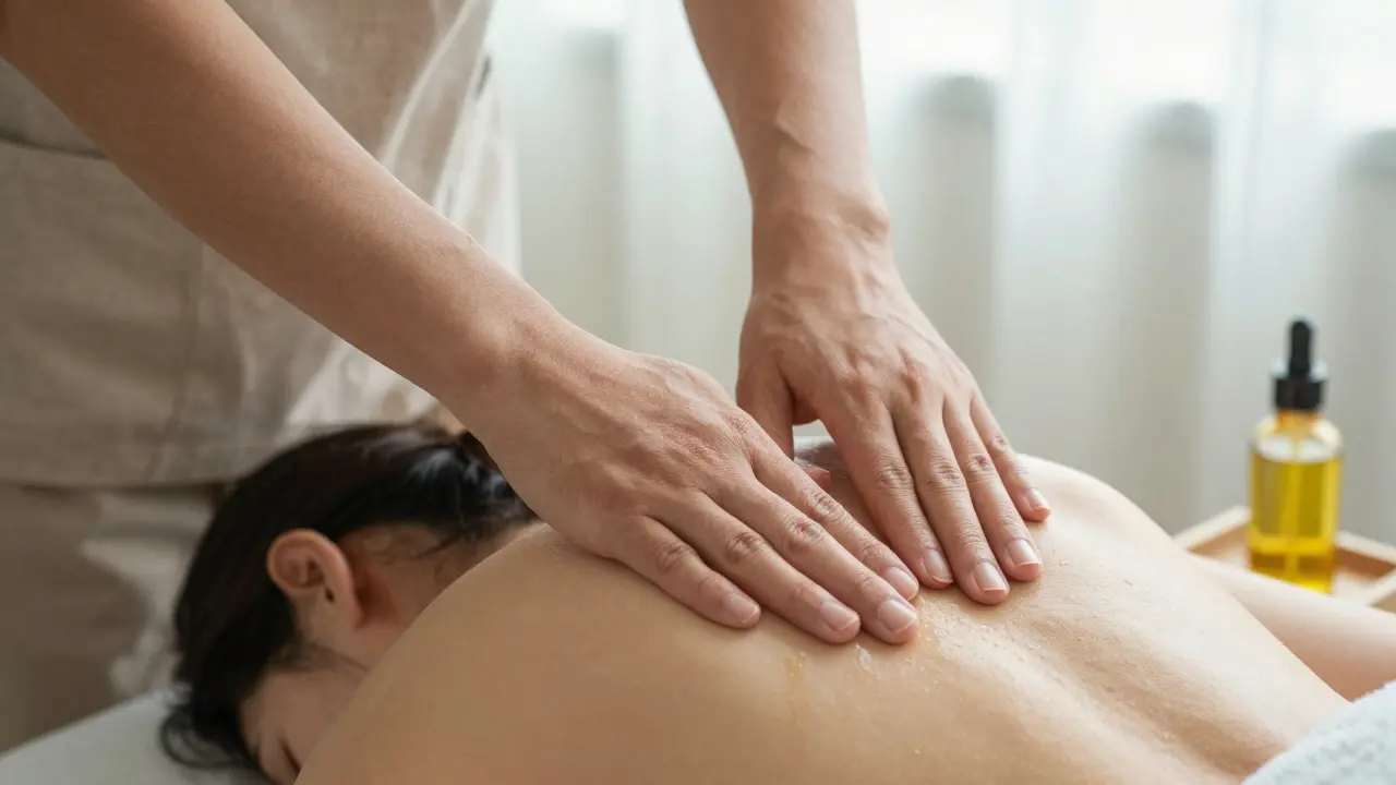 Hands applying therapeutic pressure to neck and shoulders with warm oil, conveying deep relaxation.