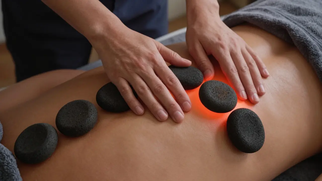 Heated volcanic stones resting along the spine, radiating warmth as a therapist's hand gently holds them in place.