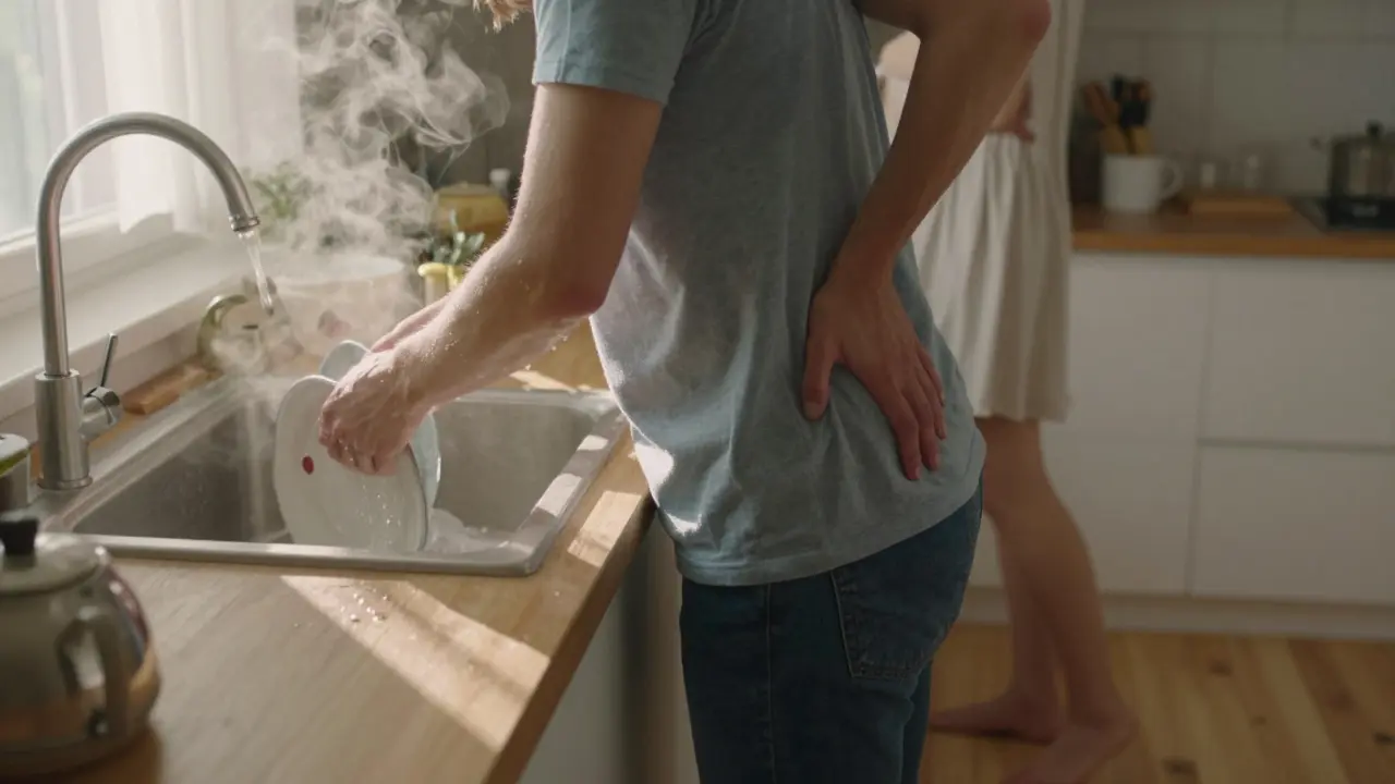 One partner gently touches the other's back while they wash dishes at sunrise in a sunlit kitchen.