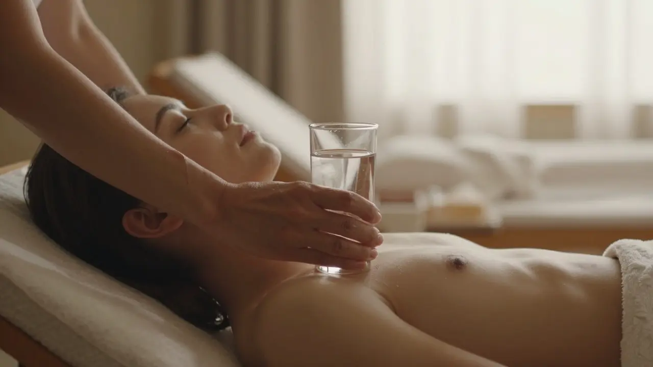 Person relaxing after massage, drinking water in spa lounge.