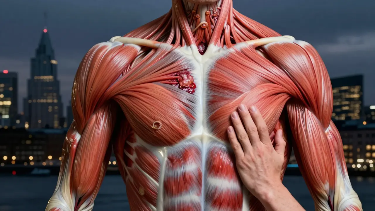 Split-body image showing damaged muscle fibers transforming into healthy, aligned tissue through therapeutic hands.